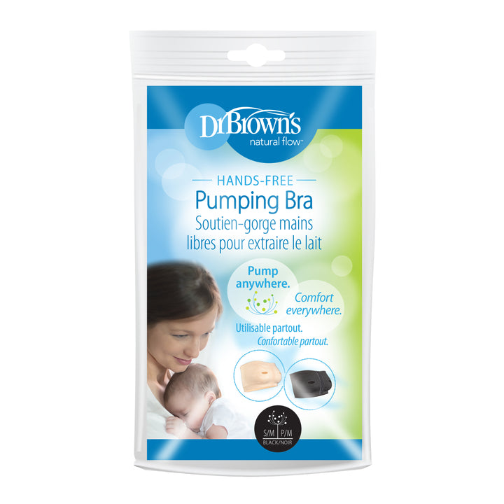 The packaging for Dr. Brown's Hands Free Pumping Bra features a smiling mother holding her baby, along with illustrations demonstrating how to use the product. It includes text saying, "Pump anywhere. Comfort everywhere with a custom fit." This black bra is compatible with electric pumps and comes in size small/medium.