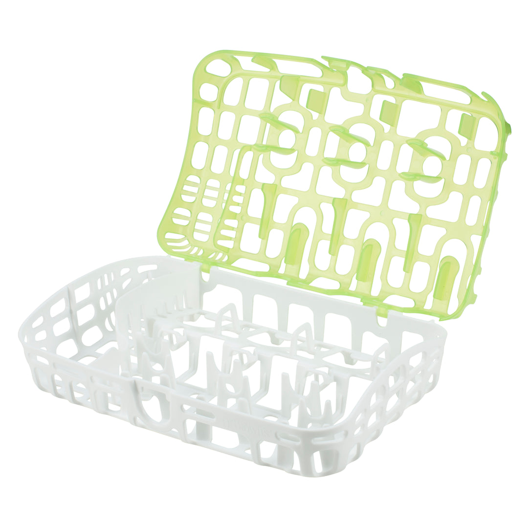 Here is a rewritten version of the sentence using the provided product data:

The Dr. Brown's™ Options+™ Dishwasher Basket for Baby Bottle Parts features an open plastic design with a green lid and white base, ideal for securely holding Dr. Brown's bottle parts in the dishwasher. Both sections have a grid-like pattern, and the hinged lid stays open behind the base.