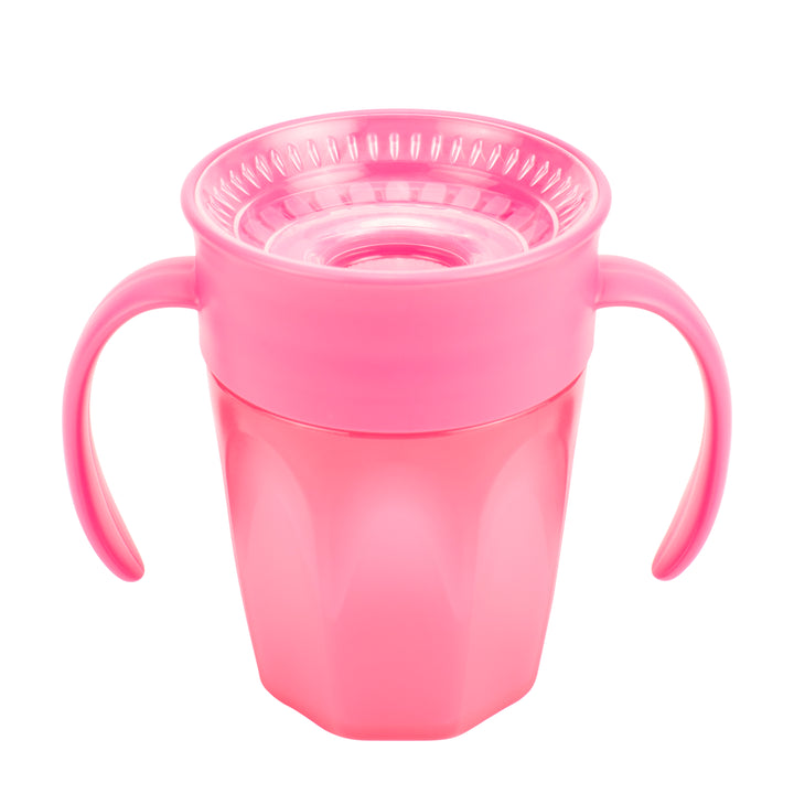 Introducing Dr. Brown’s® Milestones™ Cheers360™ Cup with Handles: a pink plastic cup designed for toddlers. This 7 oz/200 mL sippy cup, from Dr. Brown's, features a spoutless, leak-free learning design with two handles, boasting a translucent body and an ergonomic shape for easy gripping.