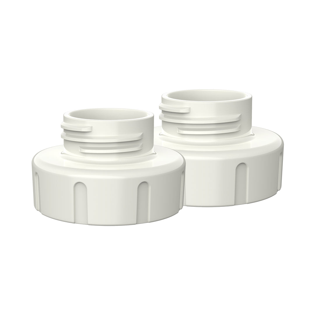 Two Dr. Brown's narrow to wide-neck adapters, designed for electric breast pumps, are placed side by side against a plain white background. Featuring ridged sides and threaded tops, they appear clean and new, perfectly suited for securely sealing Dr. Brown’s wide-neck bottles.