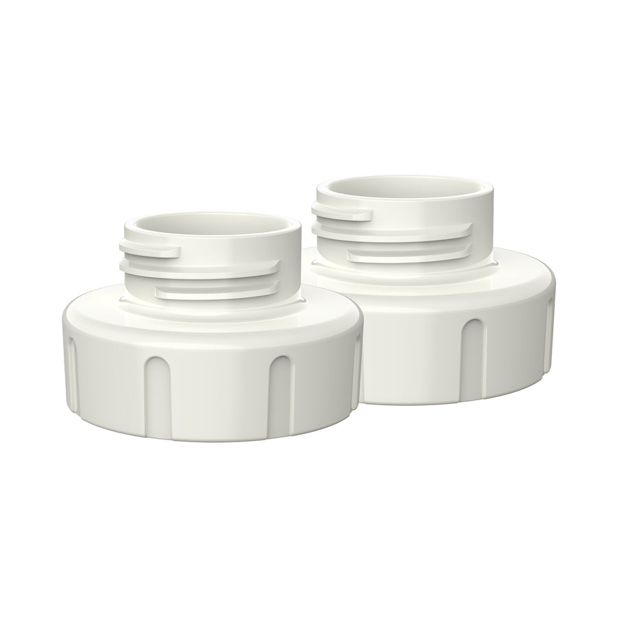 Two Dr. Brown's narrow to wide-neck adapters, designed for electric breast pumps, are placed side by side against a plain white background. Featuring ridged sides and threaded tops, they appear clean and new, perfectly suited for securely sealing Dr. Brown’s wide-neck bottles.