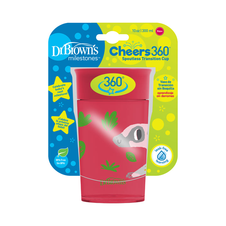 Experience the Dr. Brown’s® Milestones™ Cheers360™ Cup, a 10 oz/300 mL spoutless transition cup in red adorned with an adorable animal design. This innovative cup from Dr. Brown's ensures a BPA-free, spill-proof learning experience with its advanced 360-degree functionality, effectively reducing leaks while your child learns to drink independently.