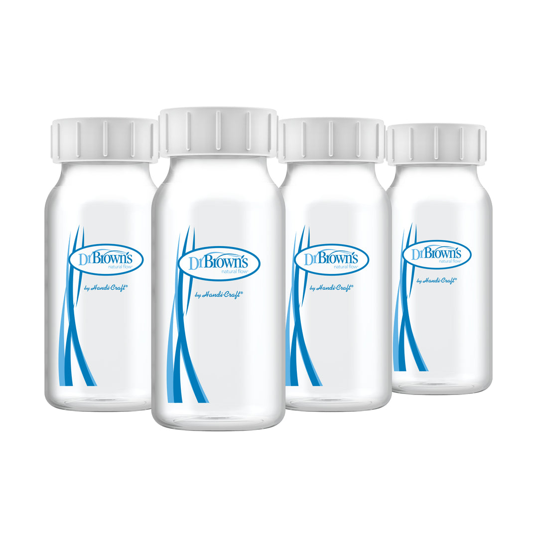 A set of Dr. Brown's Breastmilk Storage and Collection Bottles, 4oz each, featuring four bottles with clear material and white caps. Each bottle has blue logos and design elements on a white background, ideal for breastmilk storage following pumping.