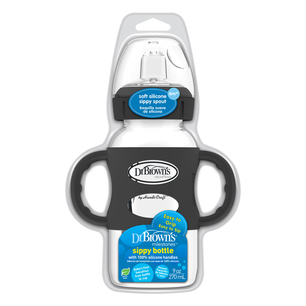 The Dr. Brown's Milestones Wide-Neck Sippy Spout Bottle with Silicone Handles offers a soft silicone sippy spout and easy-to-hold handles. Featuring a transparent base with black accents, it has a capacity of 270 mL (9 oz). The labels are bilingual, showcasing its features in English, French, and Spanish, making it an ideal choice for your baby's progression.