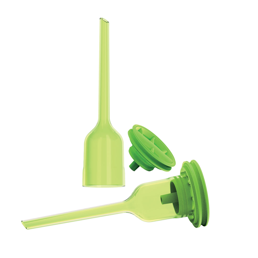 Three translucent green plastic nozzles are displayed, with one upright, another lying down, and a third with its threaded cap detached. These nozzles are designed to work with Dr. Brown's Natural Flow® Options+™ Wide-Neck Baby Bottles or the 9oz Replacement Vent Kit from Dr. Brown’s.