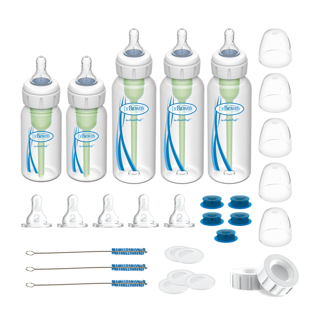 Dr. Brown's Original Bottle Specialty Feeding Starter Kit, a complete set from Dr. Brown's, includes four bottles, caps, teats, vent systems, cleaning brushes, and discs. The transparent bottles are elegantly accented in white and blue to gently address oral feeding issues.