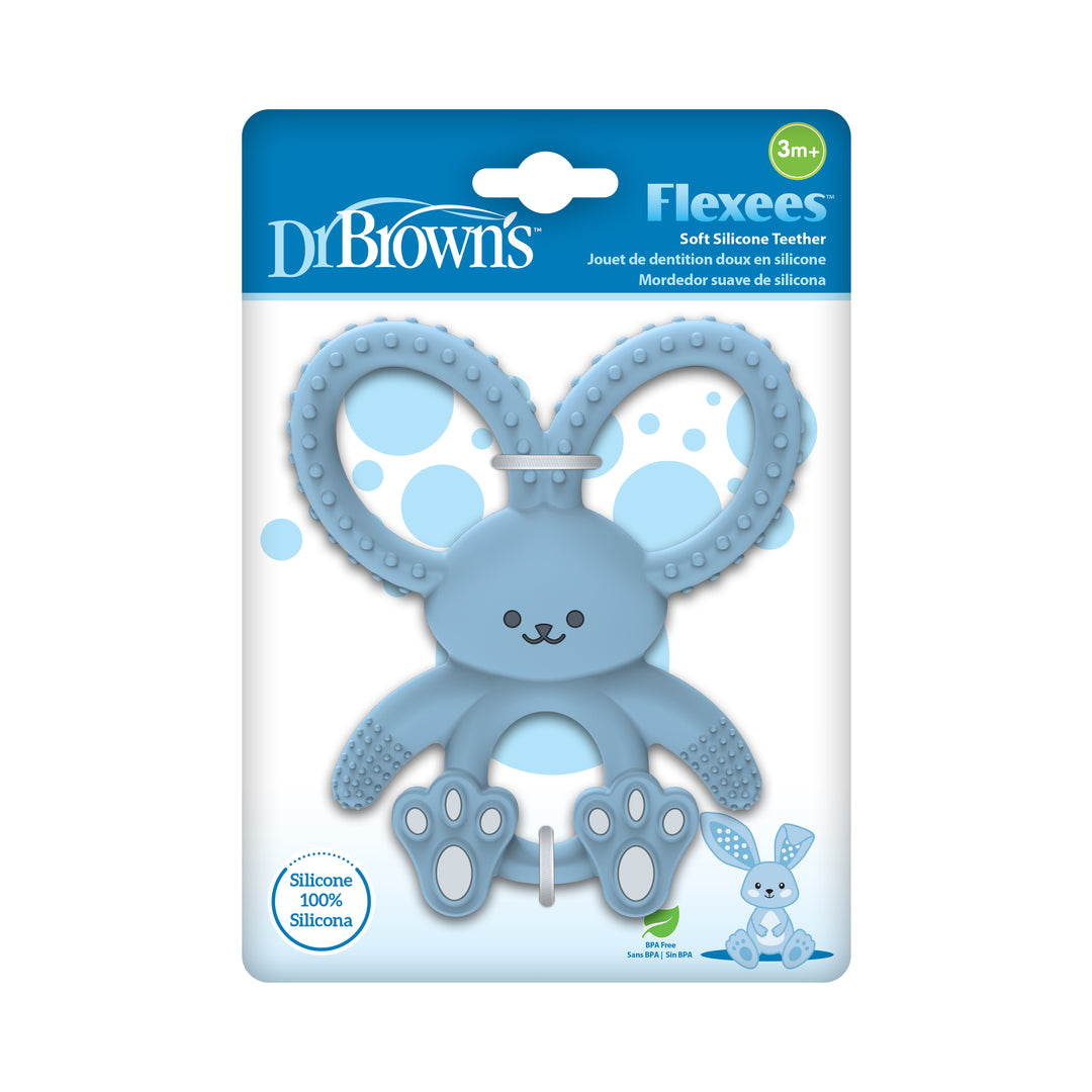 The Dr. Brown's™ Flexees™ Bunny Teether is a 100% silicone teether shaped like a blue bunny, ideal for infants aged 3 months and older. It features multiple textures to provide soothing relief for little gums.