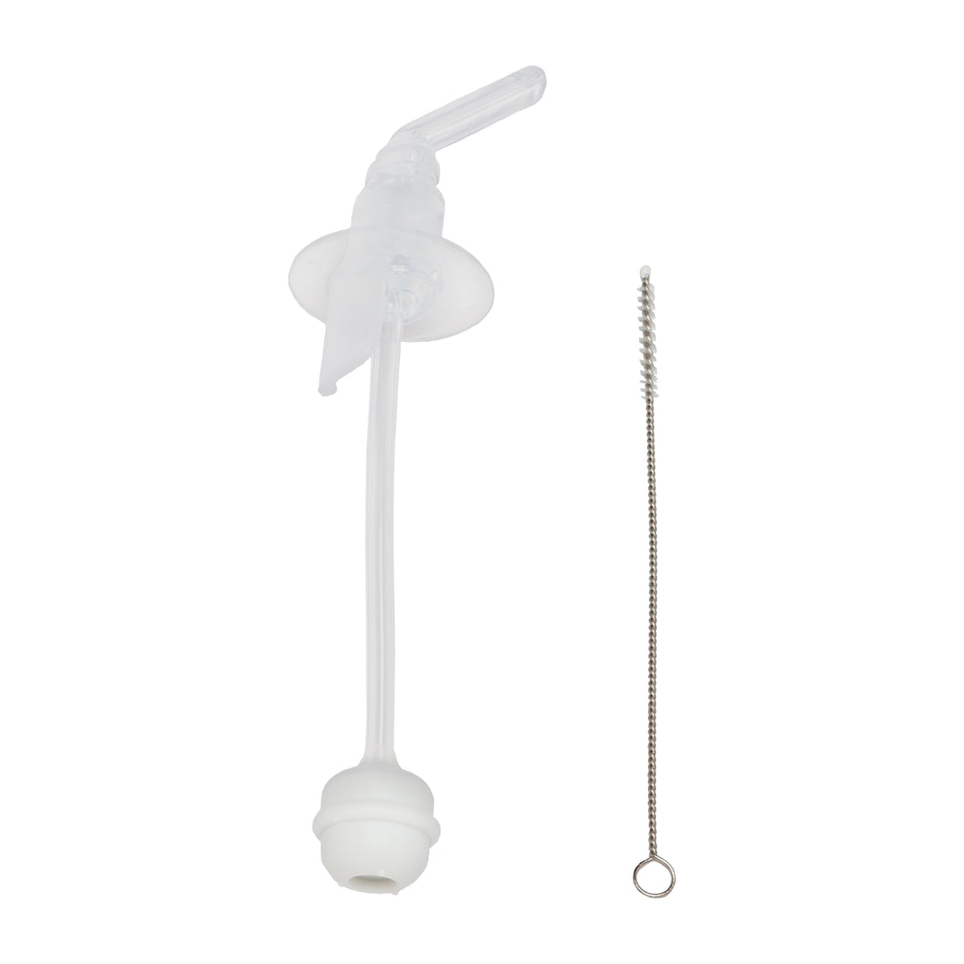 A transparent drink dispenser spout with a flexible straw and rubber stopper is beside Dr. Brown's Baby’s First Straw Cup Replacement Kit, which includes a long, thin straw cleaning brush with bristles at one end and a looped handle at the other.