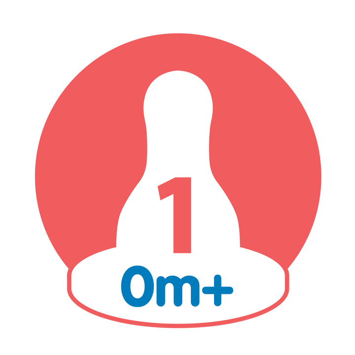 A red circular icon showcases a white silhouette of a silicone nipple. In the center, the number "1" is prominently displayed, with "0m+" in blue underneath to indicate that it is suitable for babies from 0 months onward. Inspired by Dr. Brown's design, the Dr. Brown’s Natural Flow® Narrow Baby Bottle Silicone Nipple promotes an anti-colic experience for infants.