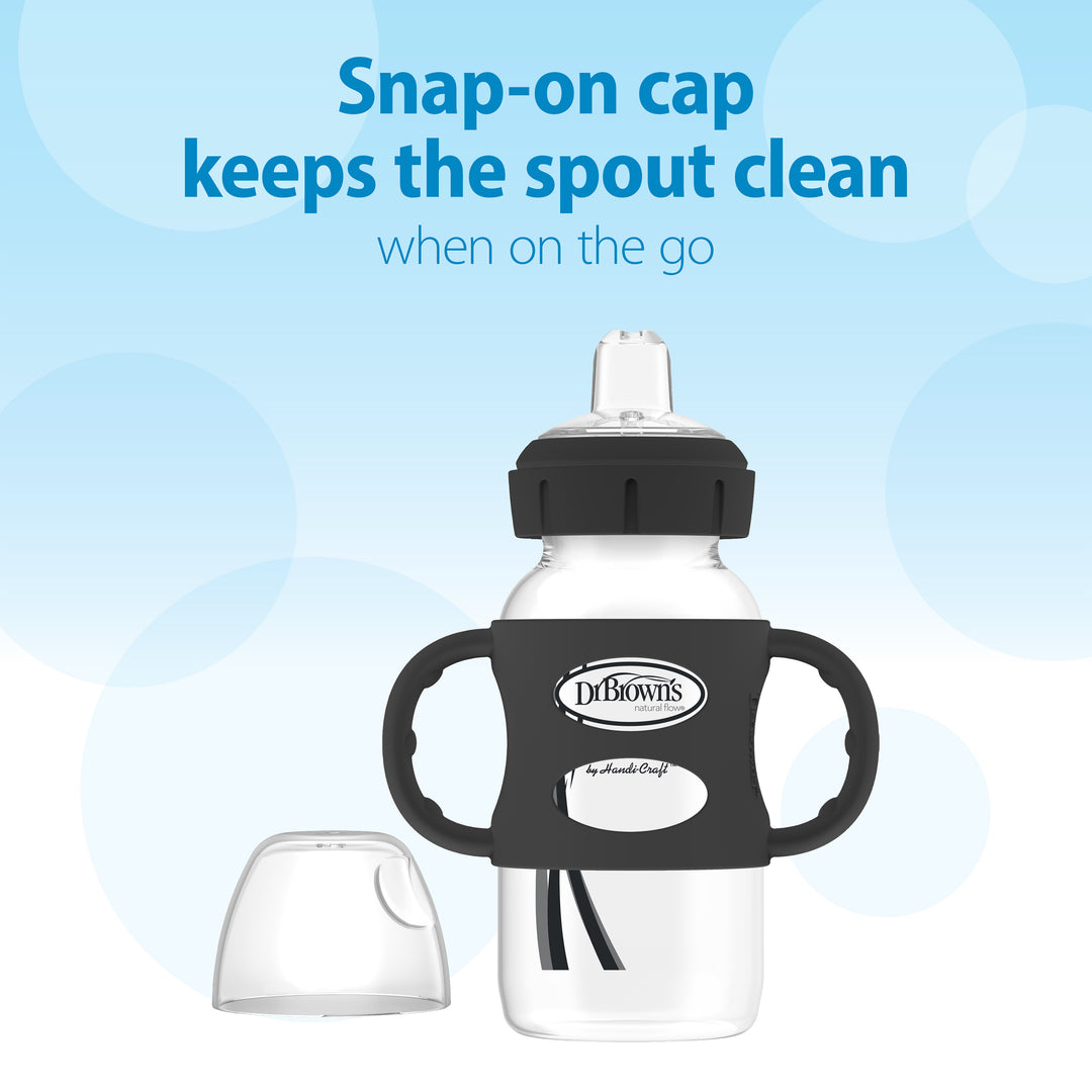 The Dr. Brown's Milestones Wide-Neck Sippy Spout Bottle features dual silicone handles and a snap-on cap to keep the spout clean, making it perfect for little hands. Its transparent design is complemented by a black grip sleeve. The bottle is set against a light blue background with circular patterns, showcasing how the snap-on cap helps maintain cleanliness while on the go.