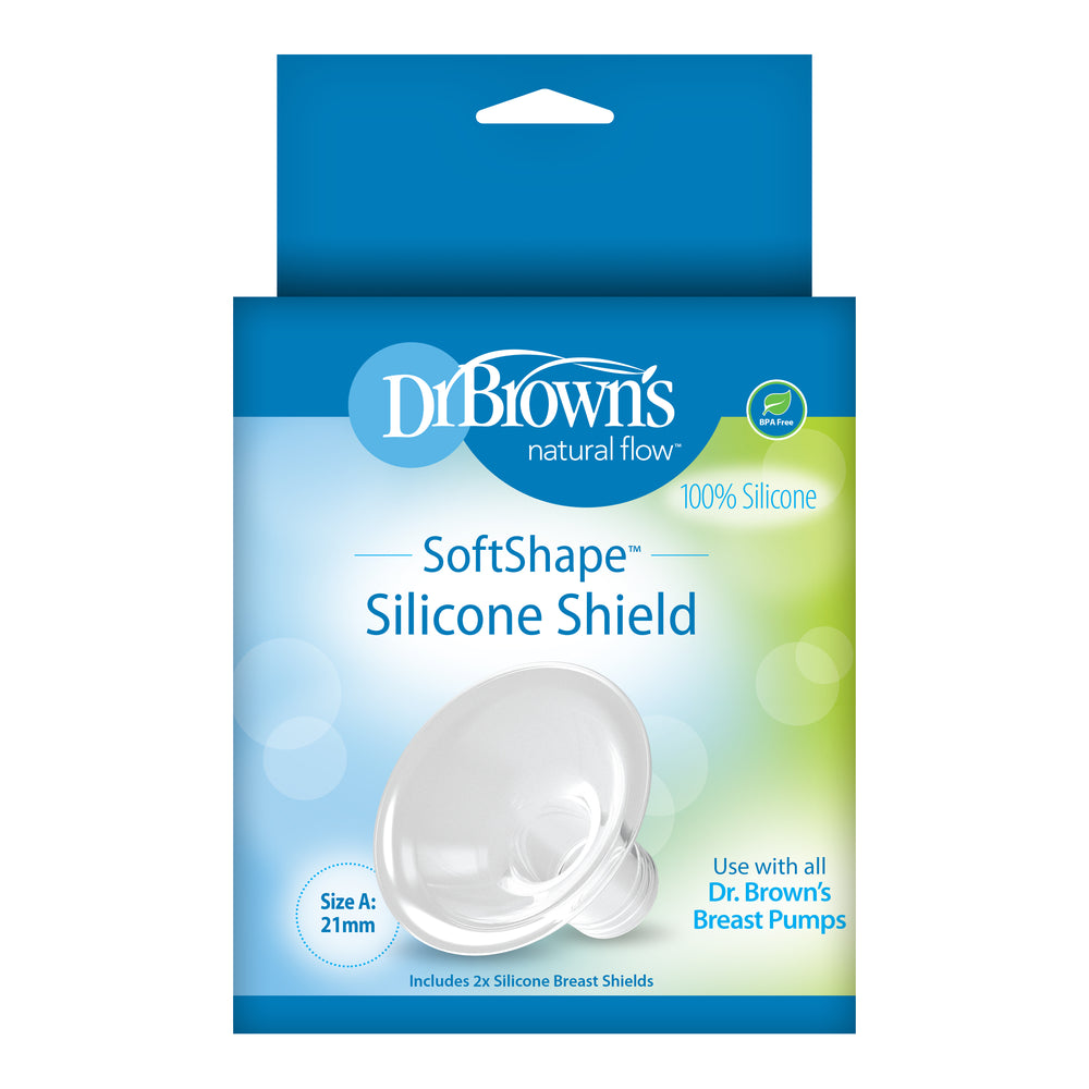 The Dr. Brown’s™ SoftShape™ Silicone Shield, available in eye-catching blue and green colors, enhances the pumping experience by perfectly aligning with breast shape. It features the text "100% Silicone" and is size A: 21mm, ensuring compatibility with Dr. Brown's breast pumps. This product includes two silicone breast shields.