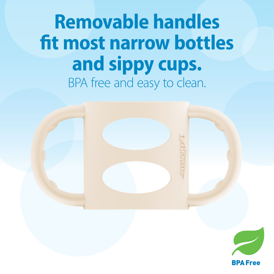 The image features Dr. Brown’s® Milestones™ Narrow Silicone Handles, removable silicone handles designed to fit most narrow bottles and sippy cups, including those by Dr. Brown's. The text states: "Removable handles fit most narrow bottles and sippy cups. BPA free and easy to clean." A BPA Free logo appears in the bottom right, promoting independent drinking.