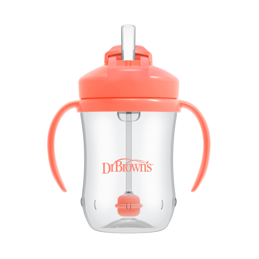 Introducing the Dr. Brown’s™ Milestones™ Baby’s First Straw Cup: a transparent sippy cup designed for seamless bottle-to-cup transitions, featuring two coral-colored handles and a matching lid. It includes a weighted straw, making it the perfect choice for your baby's first straw cup experience, complete with Dr. Brown's orange branding on the front.