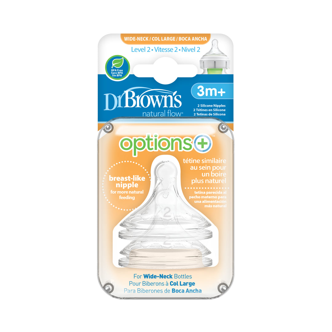 Packaging of Dr. Brown’s Natural Flow® Wide-Neck Baby Bottle Silicone Nipple for infants aged 3 months and older. Features a transparent, breast-like silicone nipple style designed for wide-neck bottles with anti-colic properties. Includes text in English, French, and Spanish for Level 2 flow suitability.