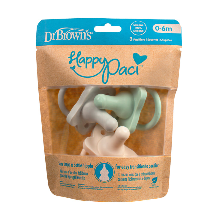 A pack of Dr. Brown's® HappyPaci™ 100% Silicone One-Piece Pacifiers for ages 0-6 months includes three pacifiers in various colors, designed with a bottle nipple shape for a smooth transition from feeding to soothing.