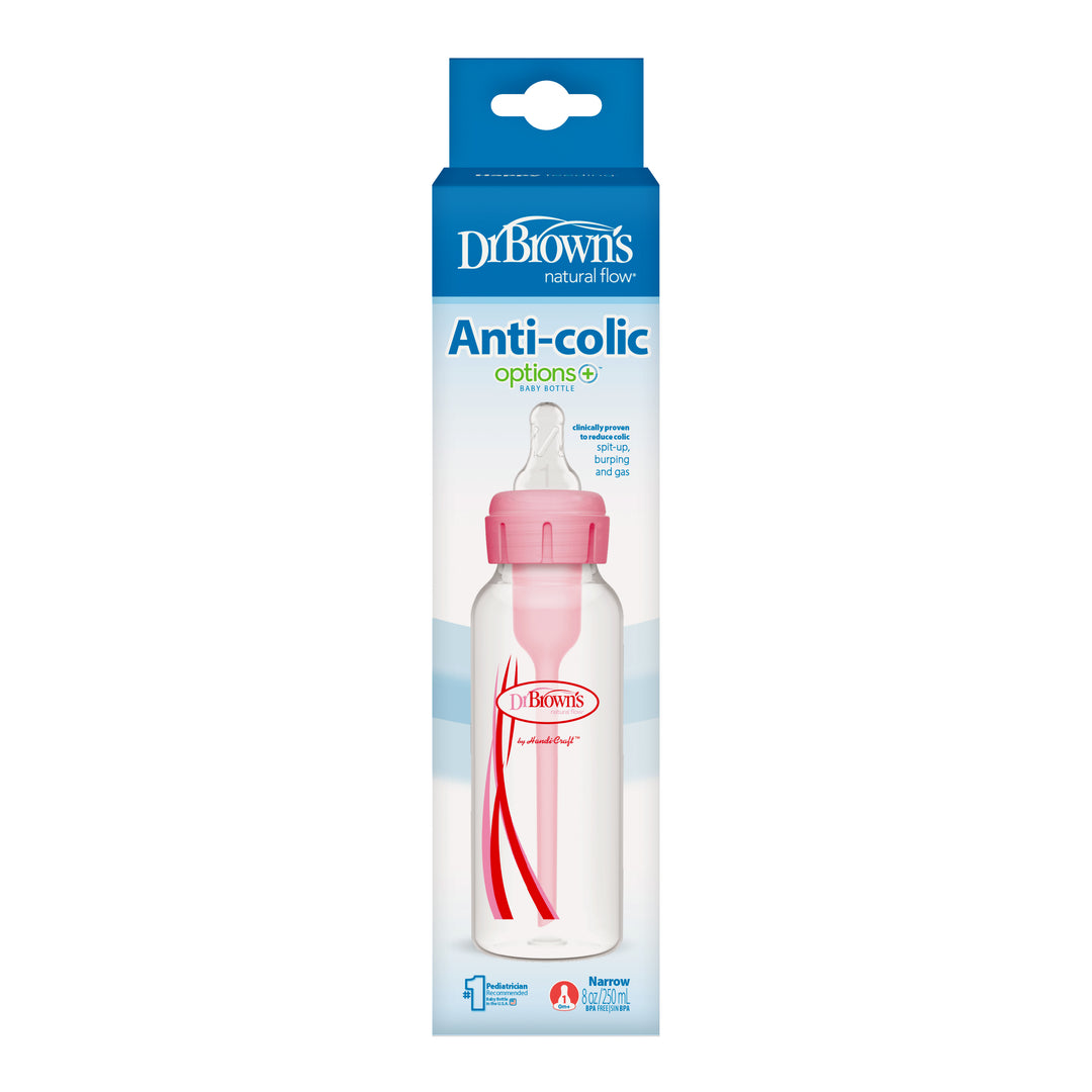 The image displays the packaging of Dr. Brown’s Natural Flow® Anti-Colic Options+™ Narrow Baby Bottle, which features a blue and white design with green accents highlighting the brand name. Inside, the transparent bottle includes a pink cap and is equipped with an advanced venting system designed to effectively reduce colic.