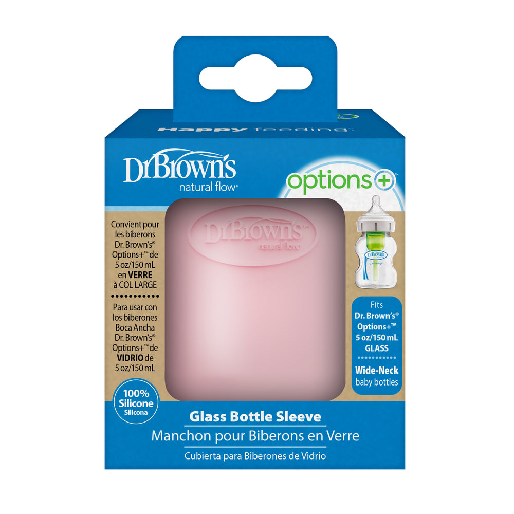 Packaging for Dr. Brown's Natural Flow® Options+™ Wide-Neck Glass Bottle Silicone Sleeves in pink, made from 100% silicone to fit 5oz/150mL wide-neck glass baby bottles. The text is provided in English, Spanish, and French.