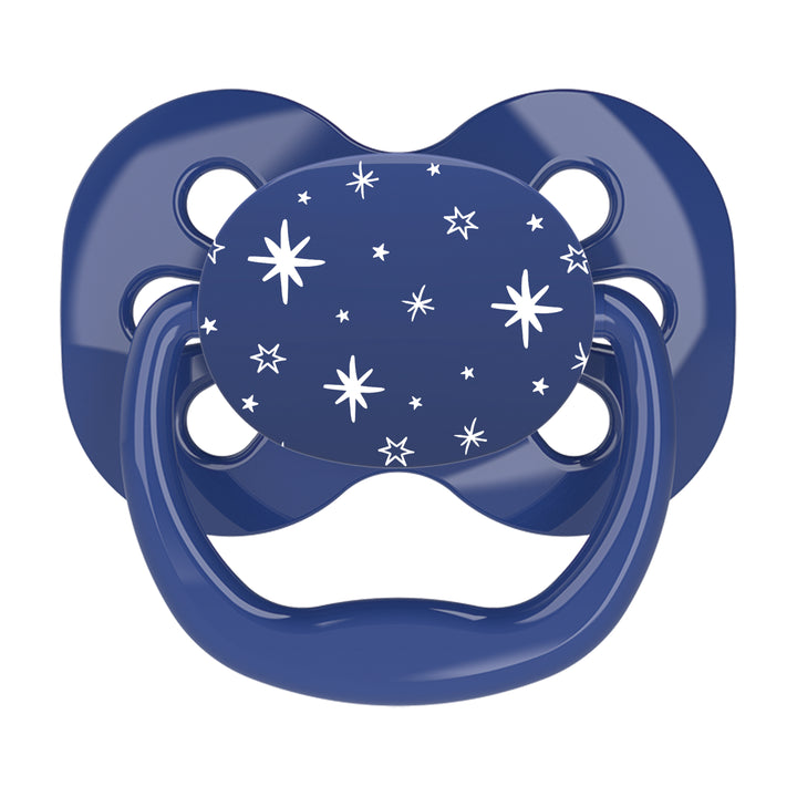 Dr. Brown's Advantage™ Pacifier, available in blue with a star design on the front, features a breast-like nipple shape for added comfort.