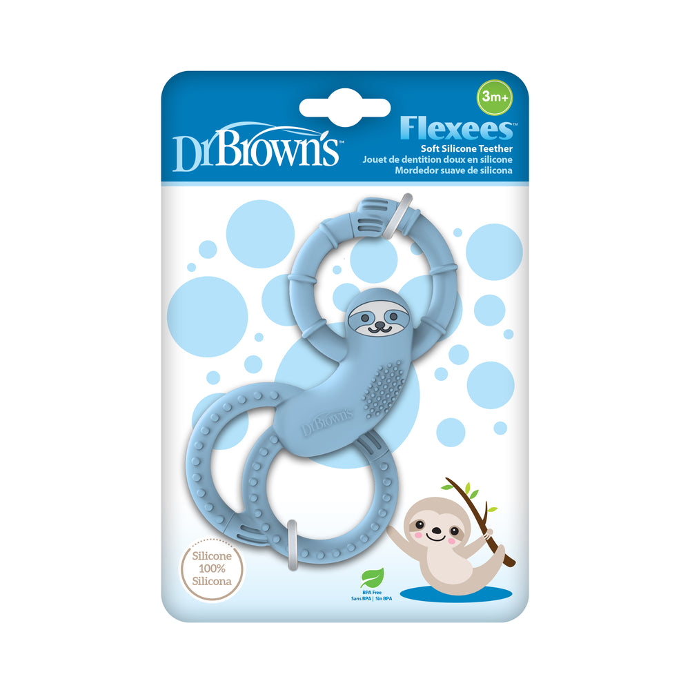 The Dr. Brown’s™ Flexees™ Sloth Teether is ideal for babies aged 3 months and older. This delightful blue teether, crafted in the shape of a playful sloth with textured rings, provides a safe and comforting teething experience. The packaging features an adorable sloth illustration, emphasizing its BPA-free, 100% silicone construction.
