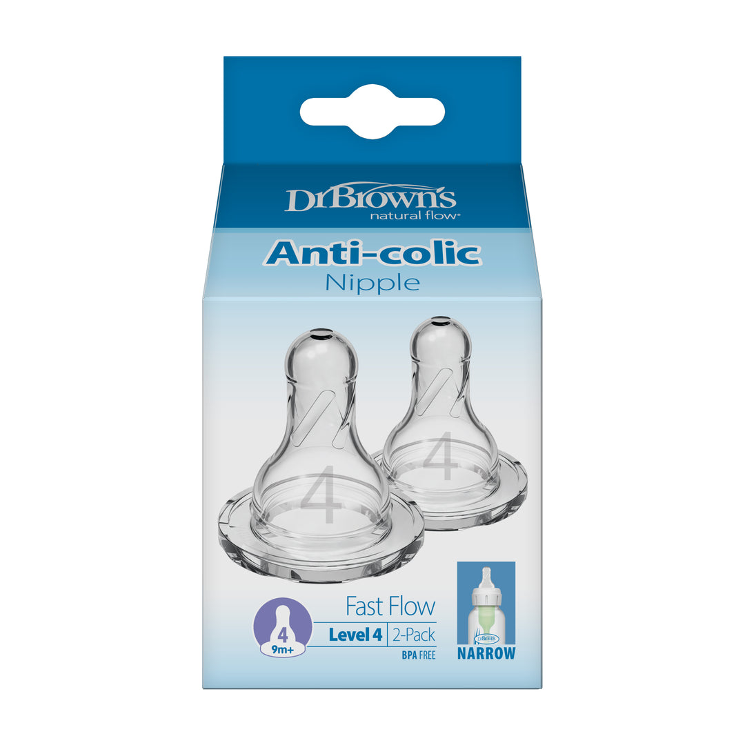 Image of the Dr. Brown’s Natural Flow® Narrow Baby Bottle Silicone Nipple packaging, featuring two transparent Silicone Nipples marked "Level 4, Fast Flow, 9m+." The predominantly blue and white box includes product illustrations. Designed BPA-free for Comfortable Feeding, these nipples fit narrow bottles and come in a convenient 2-pack from Dr. Brown's.