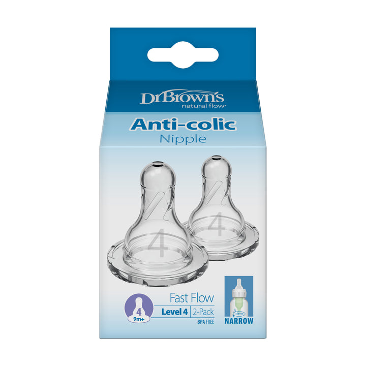 Image of the Dr. Brown’s Natural Flow® Narrow Baby Bottle Silicone Nipple packaging, featuring two transparent Silicone Nipples marked "Level 4, Fast Flow, 9m+." The predominantly blue and white box includes product illustrations. Designed BPA-free for Comfortable Feeding, these nipples fit narrow bottles and come in a convenient 2-pack from Dr. Brown's.