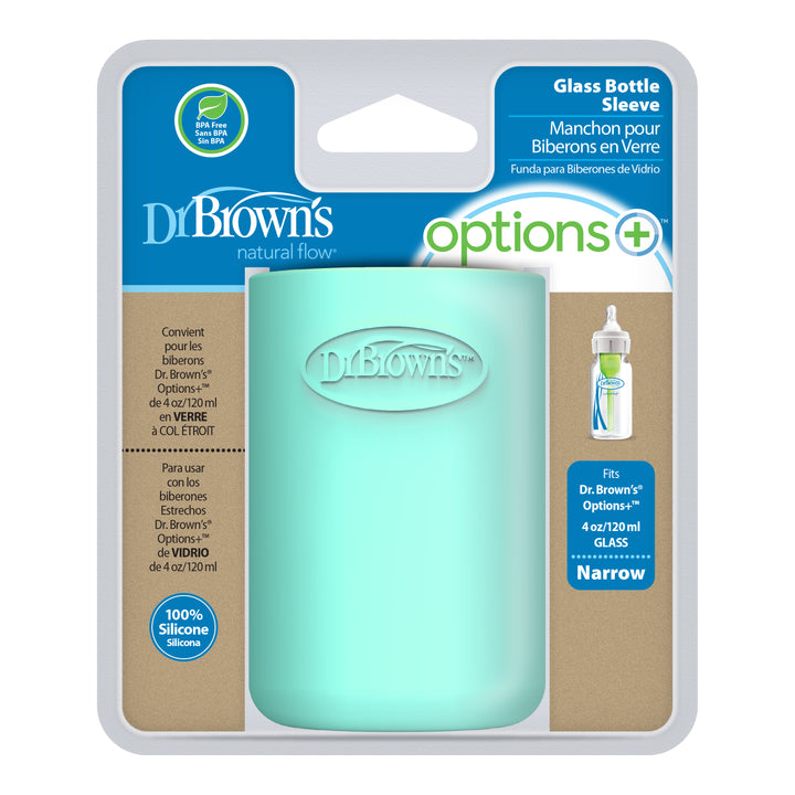 A teal silicone sleeve, designed specifically for Dr. Brown's Natural Flow® Options+™ Narrow Glass Bottles, arrives in stylish blue and brown packaging. It is tailored to perfectly fit 4 oz/120 ml narrow bottles, promoting a natural flow and displaying product details alongside an image of the bottle.