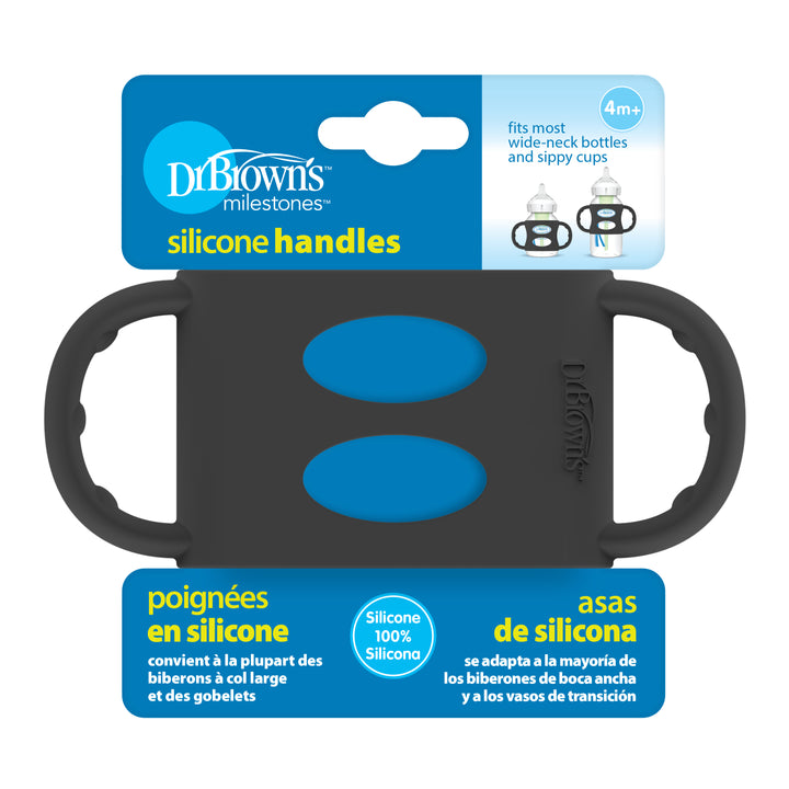 The packaging for Dr. Brown’s® Milestones™ Wide-Neck Silicone Handles, available in black and blue, emphasizes their compatibility with most wide-neck bottles and sippy cups for ages 4 months and above. Designed to encourage independent drinking, the information in English, French, and Spanish highlights the grippy silicone material and features of the product.