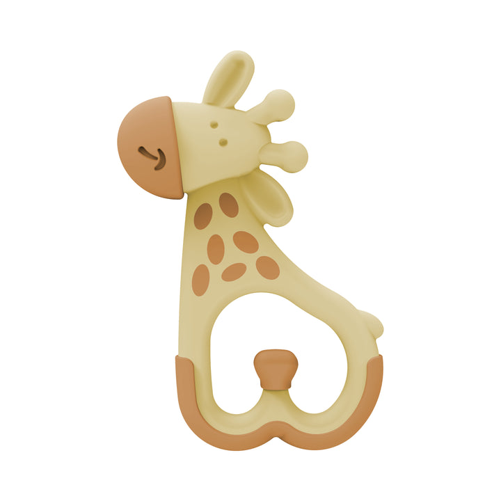 Introducing the Dr. Brown’s™ Ridgees™ Giraffe Teether by Dr. Brown's—a charming yellow teether designed in a giraffe shape, adorned with brown spots and features. This smooth, rounded teether is perfect for infants to grasp and chew on, providing relief from teething pain. Constructed from soft and safe materials, it includes a handle-like section at the bottom that is ideal for gently massaging gums.