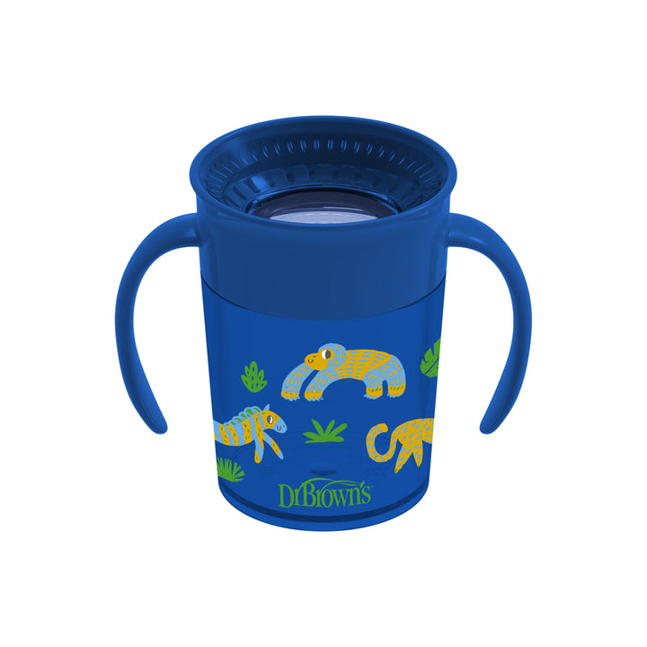 A blue Dr. Brown's Milestones™ Cheers360™ sippy cup for kids, featuring two handles and vibrant illustrations of leopards and green leaves. Designed to facilitate leak-free learning, this 7 oz spoutless cup prominently displays the brand name "Dr. Brown's" at the bottom.