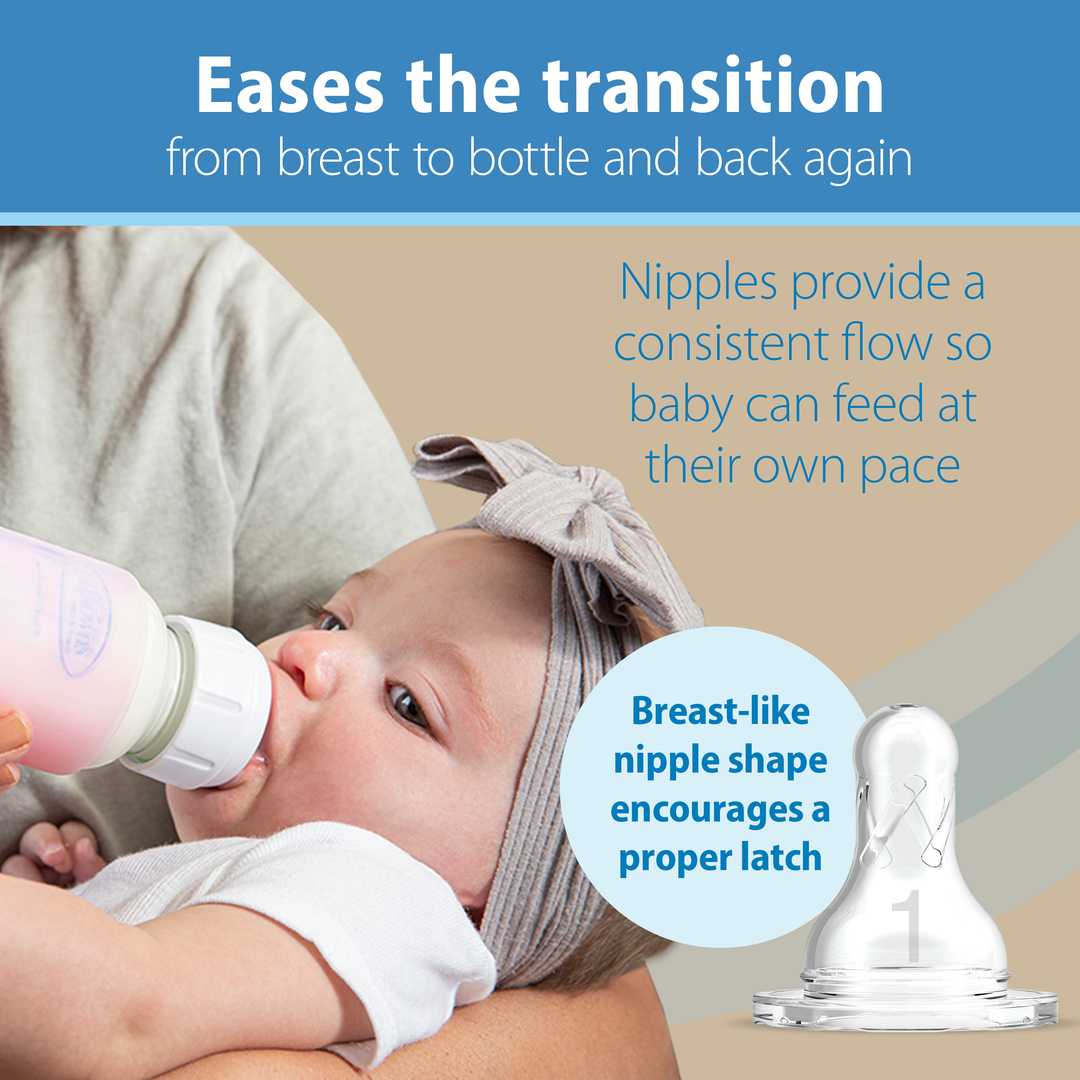 An adult is bottle-feeding a baby wearing a headband. The text on the image emphasizes that Dr. Brown’s Natural Flow® Anti-Colic Options+™ Narrow Glass Baby Bottle with Silicone Sleeve, from Dr. Brown’s, aids the switch from breast to bottle by providing a natural flow. It features a consistent feed and offers a breast-like nipple shape to encourage proper latching.