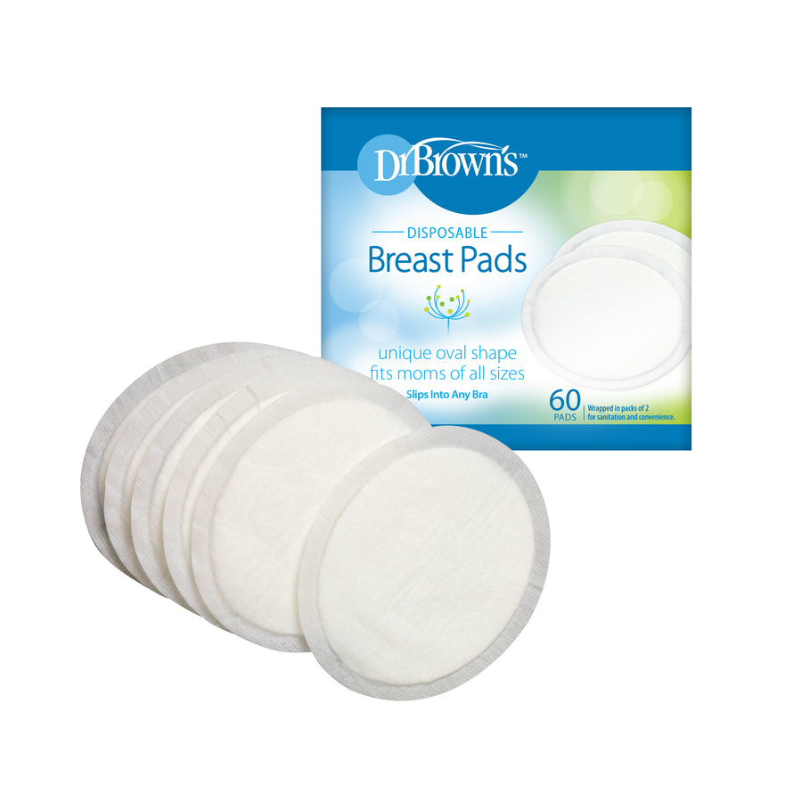 The image showcases Dr. Brown's Disposable Breast Pads, 60 Count, emphasizing their distinctive oval design that accommodates all sizes and effectively absorbs moisture. Displayed in front of the box are six separate pads, with a total of 60 pads included for thorough protection and comfort.