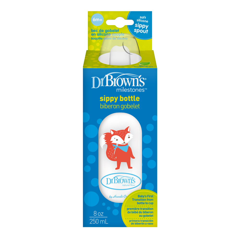 Dr. Brown's® Milestones™ Narrow Sippy Bottle features packaging with a cartoon fox on a white background, highlighting its soft silicone sippy spout, which effortlessly facilitates the transition from bottle to cup. Designed for ages 6 months and up, it holds 250 ml (8 oz).