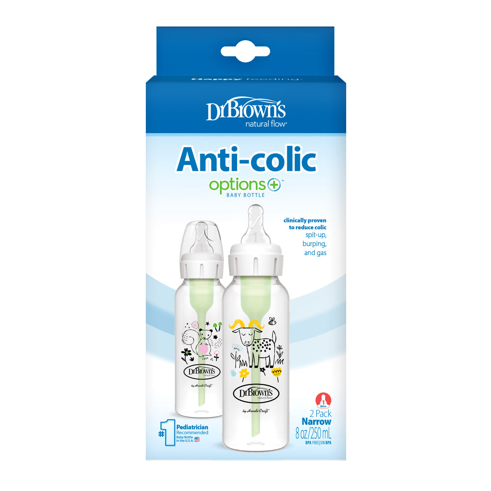 A box of Dr. Brown’s Natural Flow® Anti-Colic Options+™ Narrow Baby Bottles, 8oz/250mL, 2-Pack, contains two clear bottles featuring green vents inside. The packaging emphasizes that the bottles are "clinically proven to reduce colic" and includes delightful cartoon illustrations of animals and a castle, providing an enchanting feeding experience for your little one.