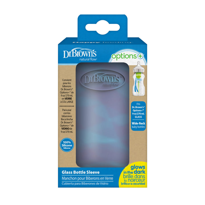 Explore Dr. Brown's Natural Flow® Options+™ Wide-Neck Glass Bottle Silicone Sleeves in blue, made from 100% silicone. Designed for 9 oz/270 ml wide-neck glass baby bottles, these sleeves feature glow-in-the-dark properties and text available in English, French, and Spanish.