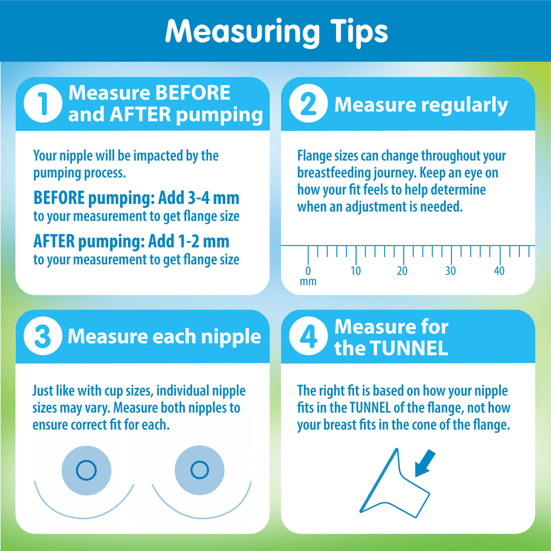 Infographic titled "Measuring Tips" for breast pump flange sizing, with insights tailored for every breast shape. It features four sections: 1) Measure before and after pumping, 2) Measure regularly, 3) Measure each nipple, and 4) Use Dr. Brown’s™ SoftShape™ Silicone Shield to measure the tunnel.