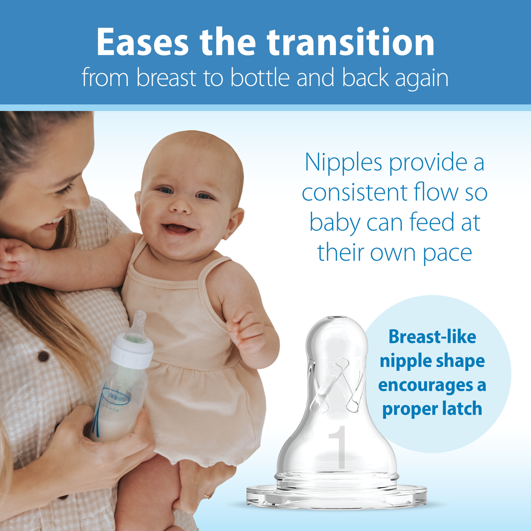 A smiling woman holds a baby and a Dr. Brown’s Natural Flow® Anti-Colic Options+™ Narrow Baby Bottle with Level 1 Slow Flow Nipple. Text reads: "Facilitates the transition from breastfeeding to bottle-feeding and back, incorporating anti-colic technology. The nipple offers a natural flow with a breast-like shape that promotes a secure latch." Image showcases an advanced bottle nipple design by Dr. Brown's.