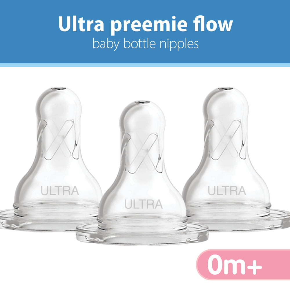 The image showcases three clear Dr. Brown’s™ Medical – Narrow Bottle Nipples, crafted entirely from silicone and designed for ultra preemie flow. They are aligned in a row with the words "Ultra preemie flow" above and "0m+" below. These nipples are perfectly compatible with Dr. Brown's Narrow Bottle, offering a super soft experience for newborns.