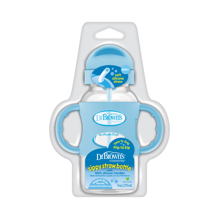 The Dr. Brown’s™ Milestones™ Wide-Neck Sippy Straw Bottle with Silicone Handles is designed to help children aged 6 months and up develop independent drinking skills. This bottle holds 9 oz/270 mL and features a soft silicone weighted straw along with ergonomic handles, presented in stylish white and light blue packaging.