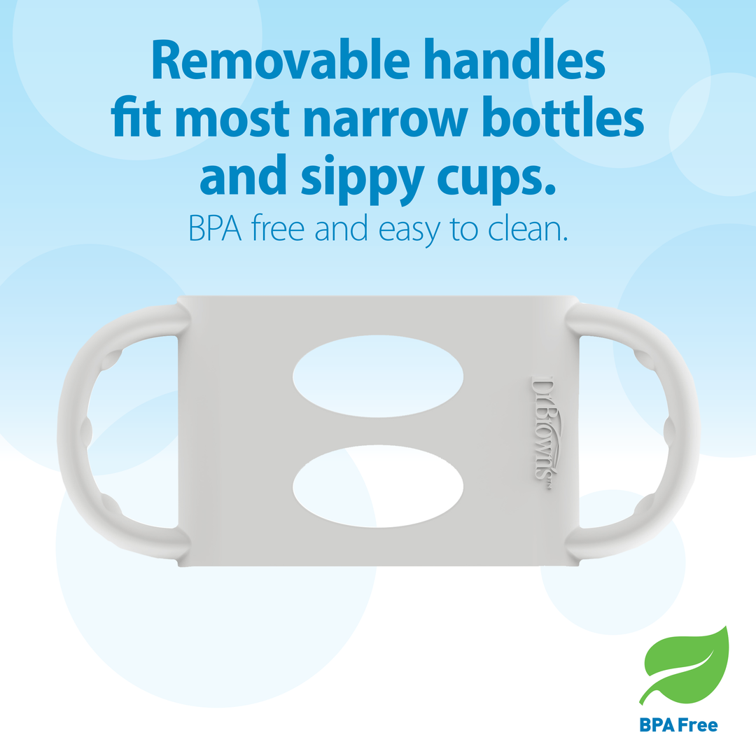 Image of Dr. Brown’s® Milestones™ Wide-Neck Silicone Handles, illustrated in white against a blue background. The text states, "These removable handles are compatible with most narrow bottles and sippy cups. BPA-free and easy to clean, they promote independent drinking skills." A BPA Free logo is displayed in the corner.