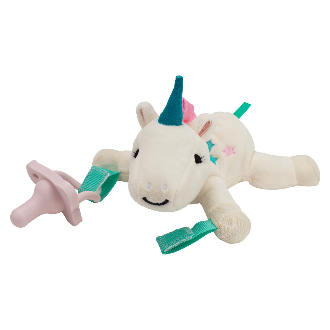 The Dr. Brown’s® Lovey Pacifier and Teether Holder, Unicorn, showcases a white plush unicorn embellished with colorful stars and a teal horn. Perfect for infants, it comes with a pink Dr. Brown’s HappyPaci securely attached by a green strap, offering an adorable and practical solution for soothing little ones.