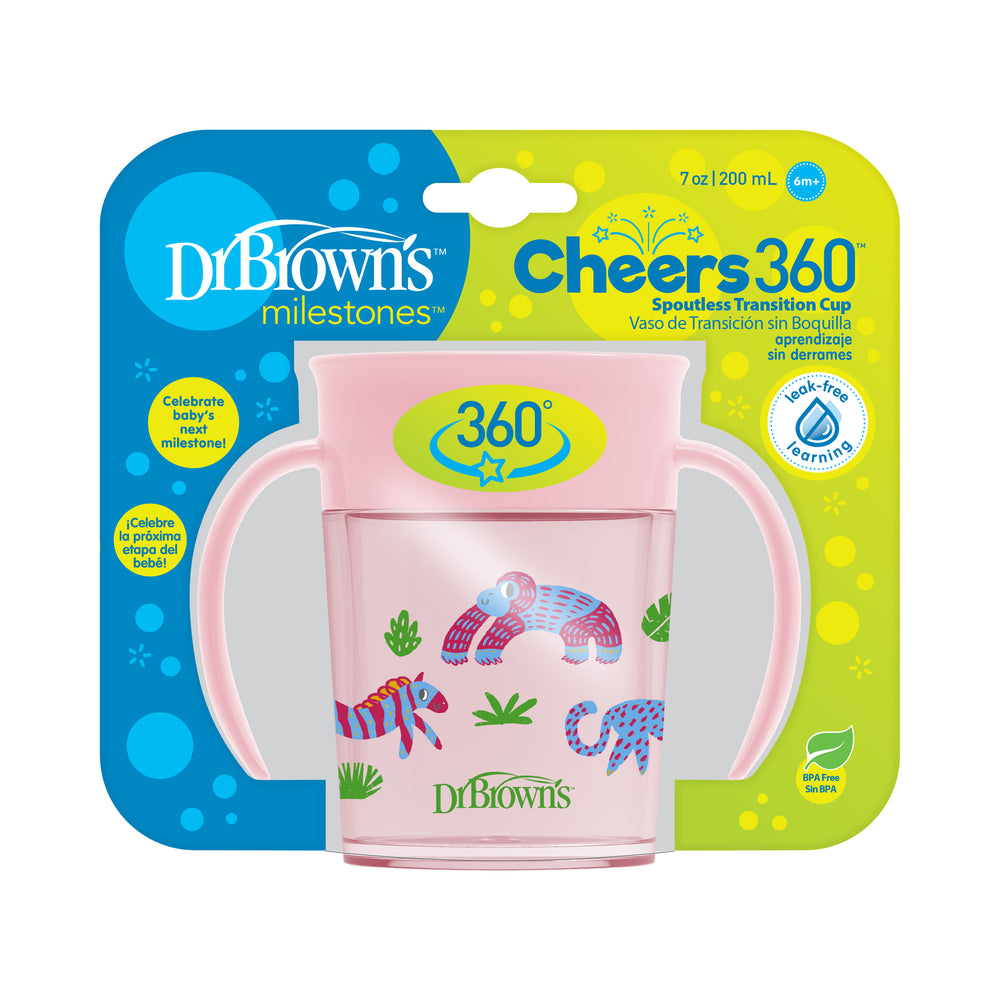 Dr. Brown's Milestones™ Cheers360™ Cup, available in blue with a 7 oz capacity, boasts a spoutless design adorned with colorful animal illustrations. Packaged to emphasize its leak-free learning experience, it's an ideal choice for infants aged 6 months and up.