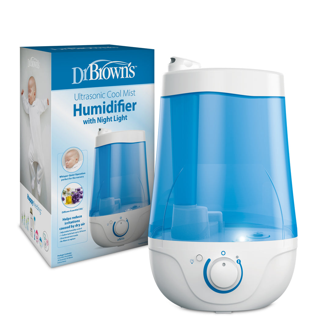 Image of the Dr. Brown's Cool Mist Ultrasonic Humidifier for Baby with Diffuser and Night Light. This elegant white and blue device is equipped with a control dial. The product packaging displays an image of the humidifier alongside a baby, highlighting its many benefits for nursery comfort.