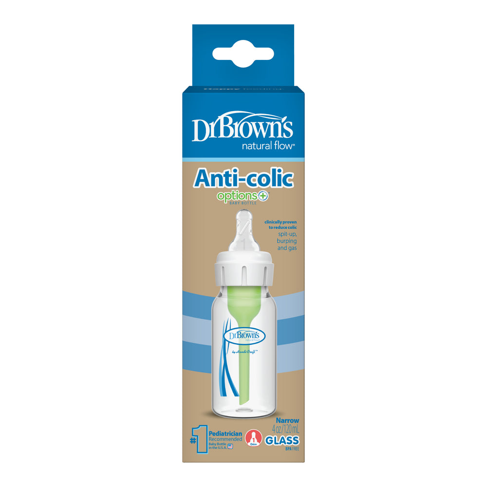 The packaging of Dr. Brown's Natural Flow® Anti-Colic Options+™ Narrow Glass Baby Bottle, adorned with the Options+™ logo, emphasizes its glass construction and pediatrician endorsement. The blue and brown box features a white and green bottle equipped with a Level 1 Slow Flow nipple resembling a breast, intended to deliver a natural feeding experience.