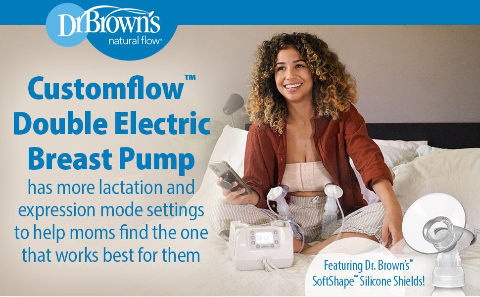 A woman sits on a bed holding a phone with a double electric breast pump. Text reads: "Customflow™ Double Electric Breast Pump" and mentions more lactation and expression mode settings. Includes an image of silicone shields.