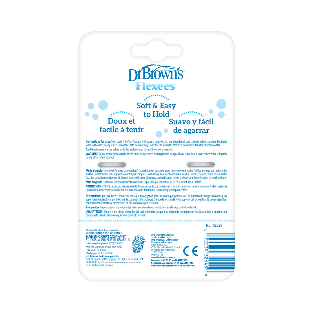 Packaging for Dr. Brown’s™ Flexees™ Beaded Teether Rings displays multilingual product information, barcode, and guidance on easing teething discomfort. Key features like "Soft & Easy to Hold" silicone teether are emphasized for baby self-soothing moments, with manufacturer details presented in blue text against a white background.