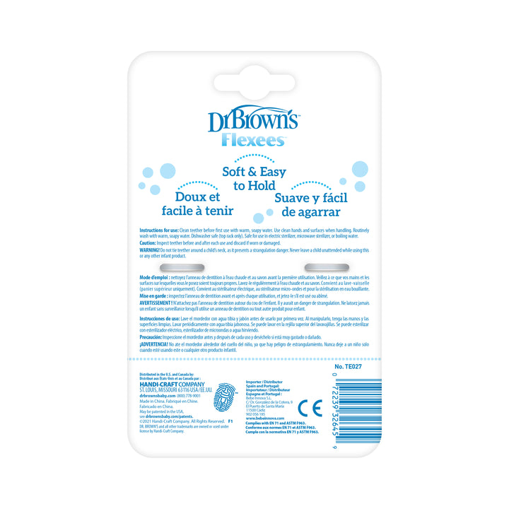 Packaging for Dr. Brown’s™ Flexees™ Beaded Teether Rings displays multilingual product information, barcode, and guidance on easing teething discomfort. Key features like "Soft & Easy to Hold" silicone teether are emphasized for baby self-soothing moments, with manufacturer details presented in blue text against a white background.