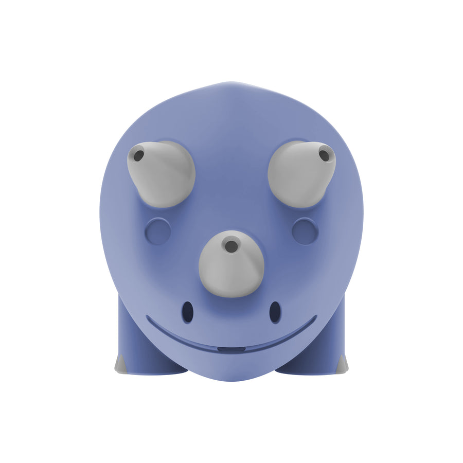 A front view of the Dr. Brown's™ CleanUp™ Pour & Roar Watering Can Bath Toy showcases its playful, cartoon-like blue triceratops design with a smiling face and three prominent gray horns on its head and nose. Perfect for bath time fun, this smooth, rounded toy adds joy to every splash against a white background.