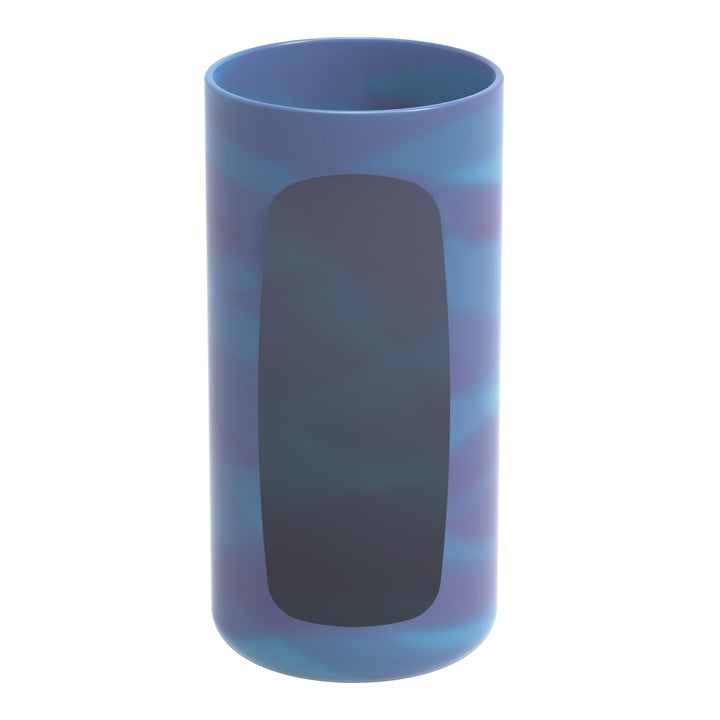 A tall, cylindrical blue vase boasting a dark rectangular design at its center, reminiscent of Dr. Brown's Natural Flow® Options+™ Narrow Glass Bottle Silicone Sleeves. This vase features a smooth, glossy finish with subtle swirling patterns in various shades of blue, akin to the designs on Dr. Brown's silicone sleeves.