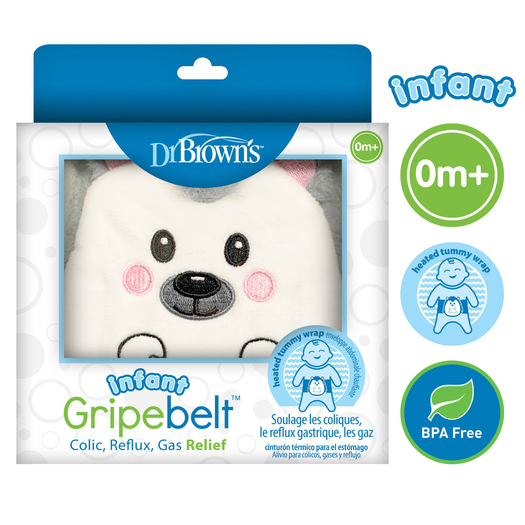 The image displays the packaging for Dr. Brown’s™ Infant Gripebelt™ Colic Relief Belt by Dr. Brown's, a reliable remedy for baby colic providing natural gas and colic relief. Featuring an adorable bear illustration, the packaging includes details such as "0m+" indicating age suitability and "BPA Free," with information presented in both English and French.