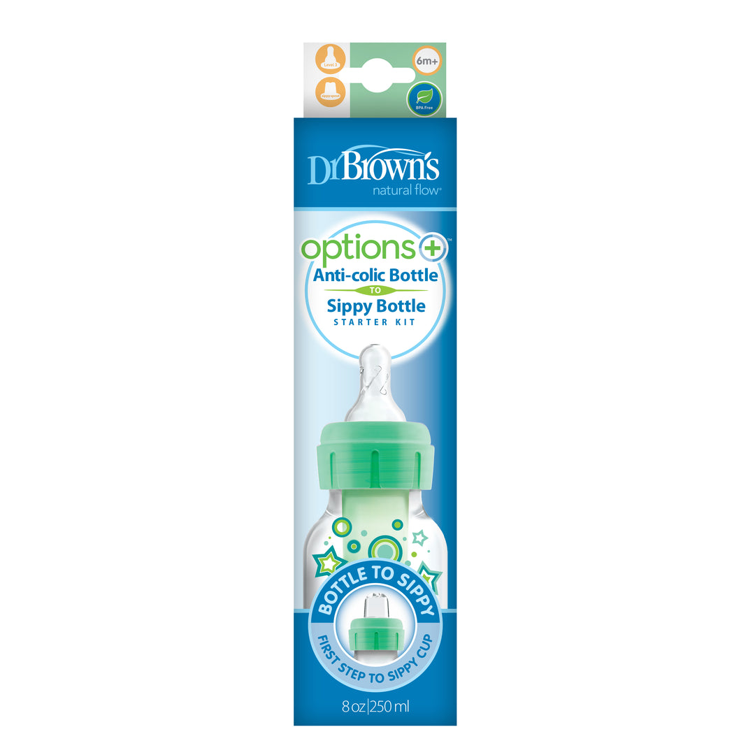 Packaging for Dr. Brown's Natural Flow® Anti-Colic Options+™ Narrow Sippy Bottle Starter Kit features a green transition bottle with handles, labeled "Bottle to Sippy," designed for ages 6 months and up, with an 8 oz (250 mL) capacity.